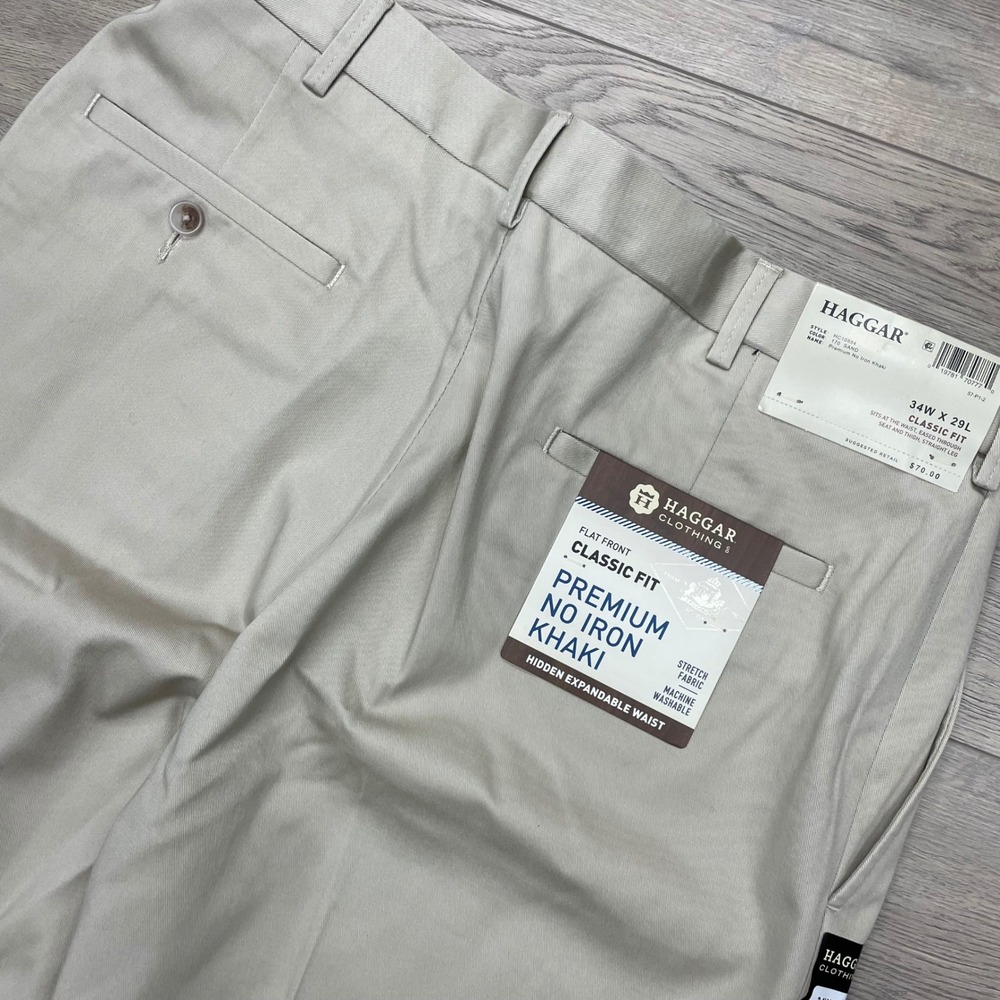Haggar Premium No Iron Khaki Pants Men 34x29 Sand Classic Fit Flat Front HC10554
